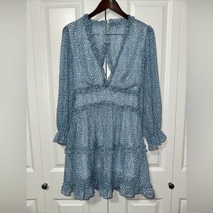 Bengbobar Deep V Neck Backless Ruffles Longsleeve Floral Mini Dress M